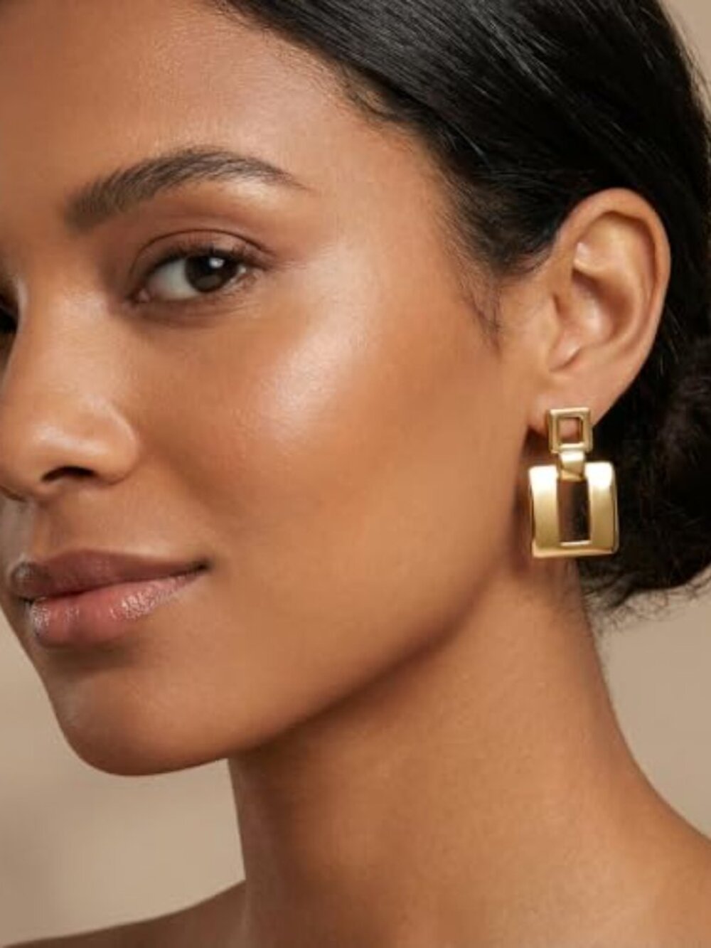 Gold Silver Geometric Drop Dangle Ears for Women Brushed Link Square - Picture 2 of 2